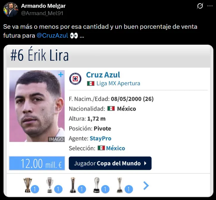 Para Armando Melgar, Erik Lira se va por 12 millones. (@Armand_Mel91)