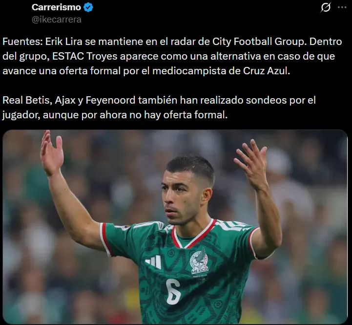 Según Ike Carrera, ESTAC Troyes, Ajax, Feyenoord y Betis son opciones para Lira. (@ikecarrera)