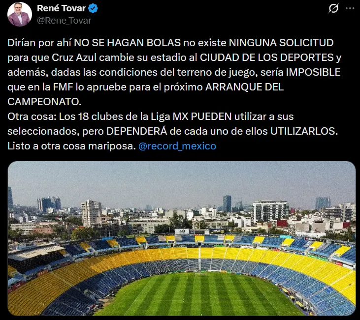René Tovar sobre el rumor del estadio de Cruz Azul para el Apertura 2026. (@rene_tovar)