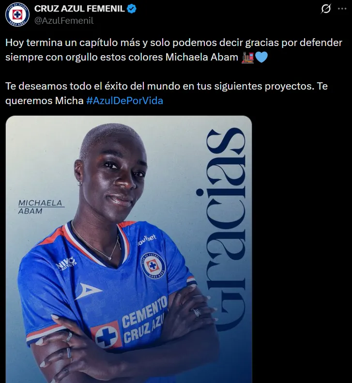 Michaela Abam, out de Cruz Azul Femenil. (@azulfemenil)