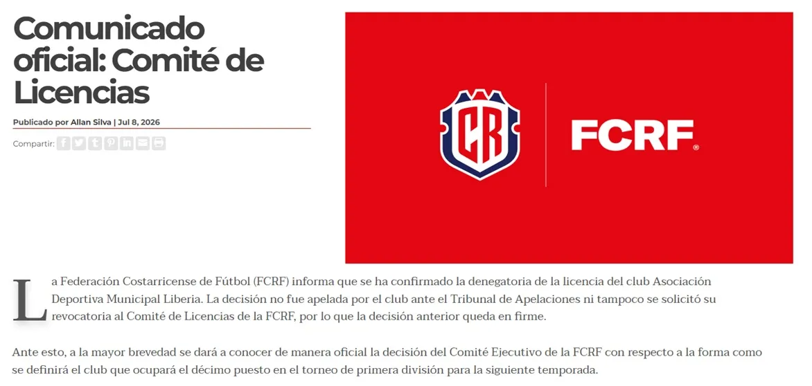 Comunicado oficial de la FCRF por el club de Cardozo y Cubo Torres, ex Cruz Azul. (Web oficial)