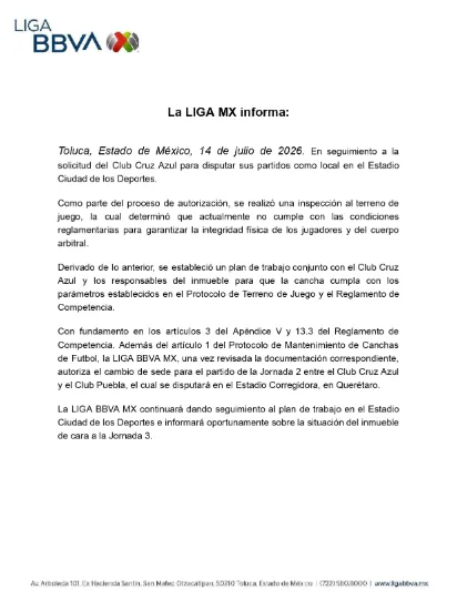 Comunicado que publicó la Liga MX