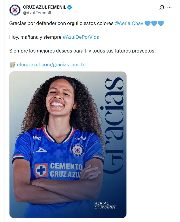 La despedida de Cruz Azul Femenil a Aerial Chavarín en redes sociales (Twitter)