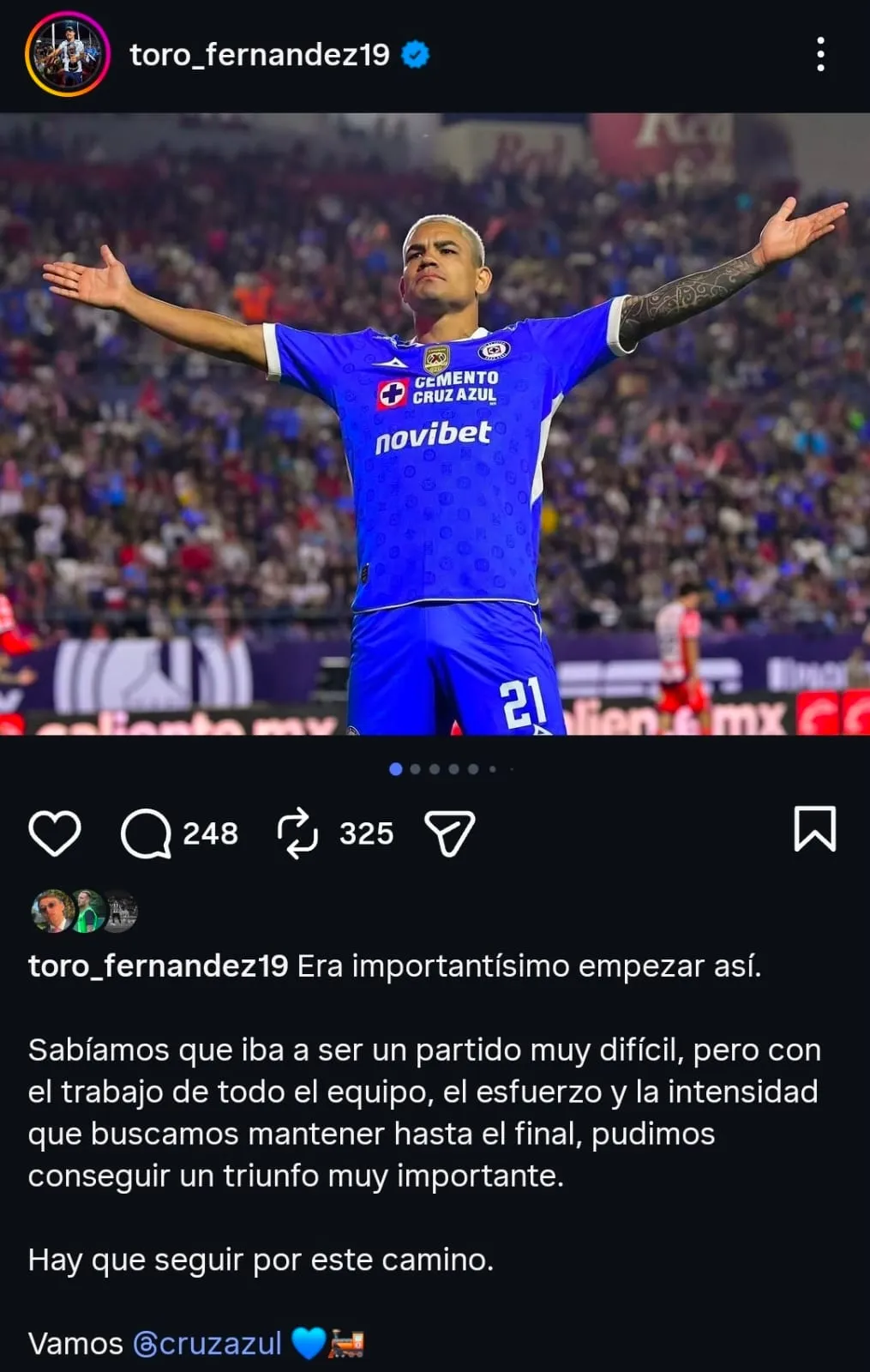 El posteo del Toro Fernández tras la jornada 1. (@toro_fernandez19)