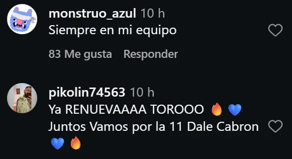 Comentarios de la afición en el IG del Toro Fernández.