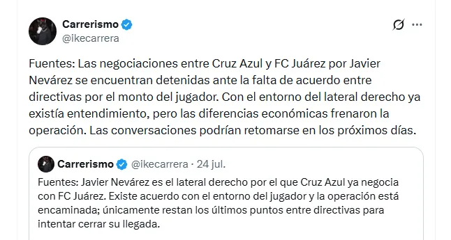 Las novedades en la negociación de Cruz Azul y Juárez por Francisco Nevárez. (Twitter)