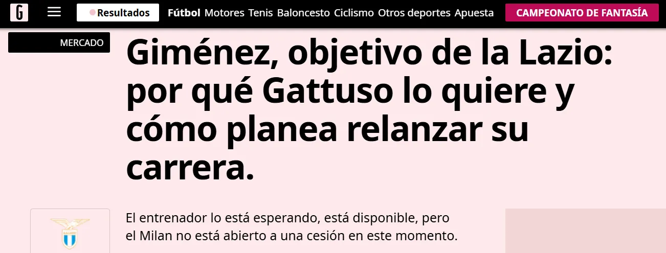La Lazio va por Santi Giménez. (Gazzetta dello Sport)