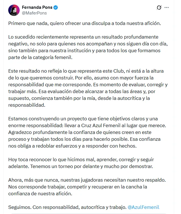 El mensaje de Fernanda Pons en plena crisis de Cruz Azul Femenil (Fuente X @MaferPons)