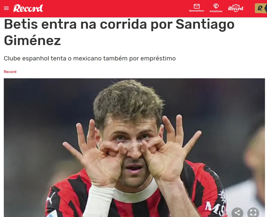 Récord, medio líder de Portugal, refleja lo de Santi y Betis. (Captura Récord)