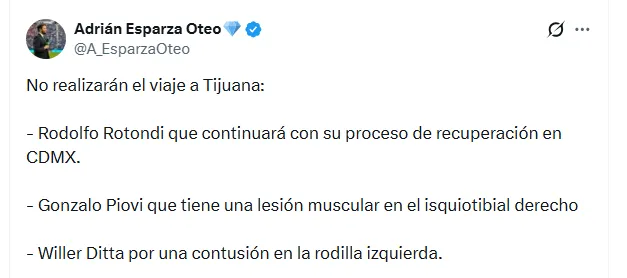 Las 3 bajas que tendría Cruz Azul en el viaje de Estados Unidos a Tijuana (X @A_EsparzaOteo)