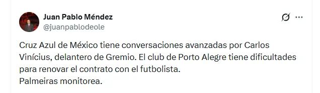 Reportaron un interés de Cruz Azul por el delantero de Gremio. (X @juanpablodeole)