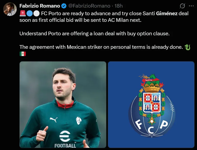Fabrizio Romano informa acuerdo personal entre Santi Giménez y Porto. (X Fabrizioromano)