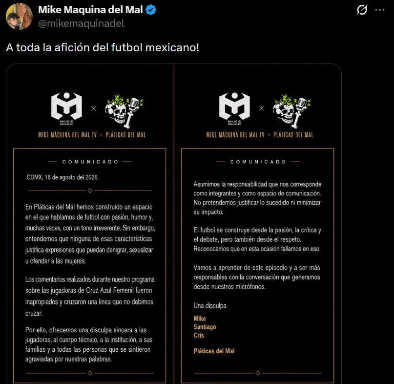 Comunicado de Mike Maquina del Mal sobre los dichos sobre Cruz Azul Femenil. (@mikemaquinadel)