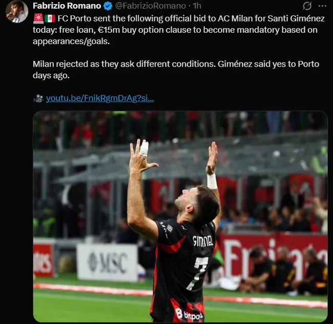 Milan rechazó la oferta de Porto por Santi Giménez. (@fabrizioromano)