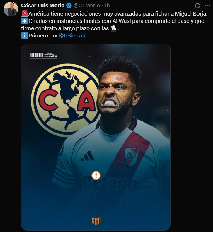 César Merlo reporta la casi llegada de Miguel Borja al América (X)