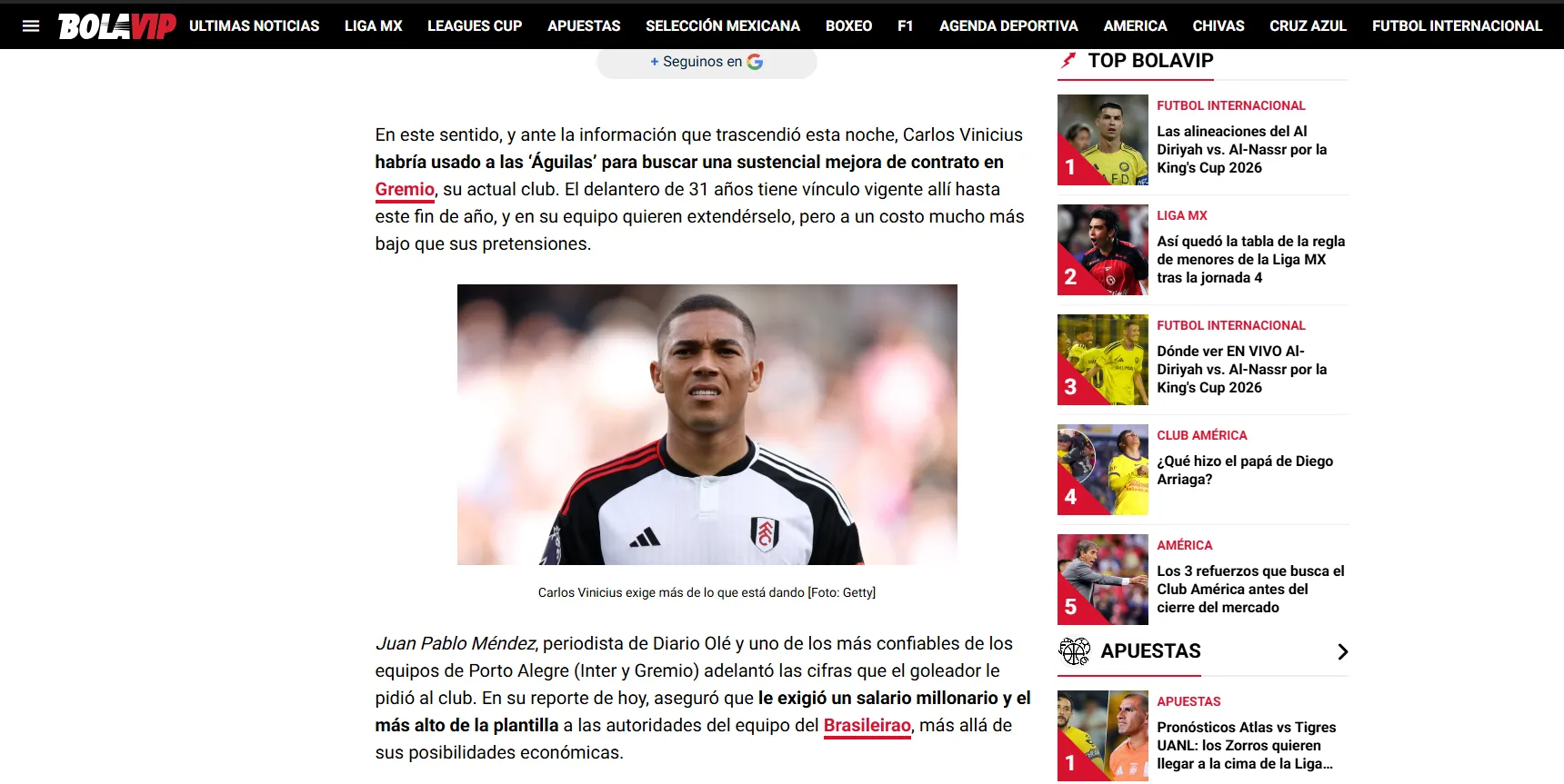 Desde Bolavip México señalaron la jugada que habría hecho Carlos Vinícius. (Fuente Bolavip)
