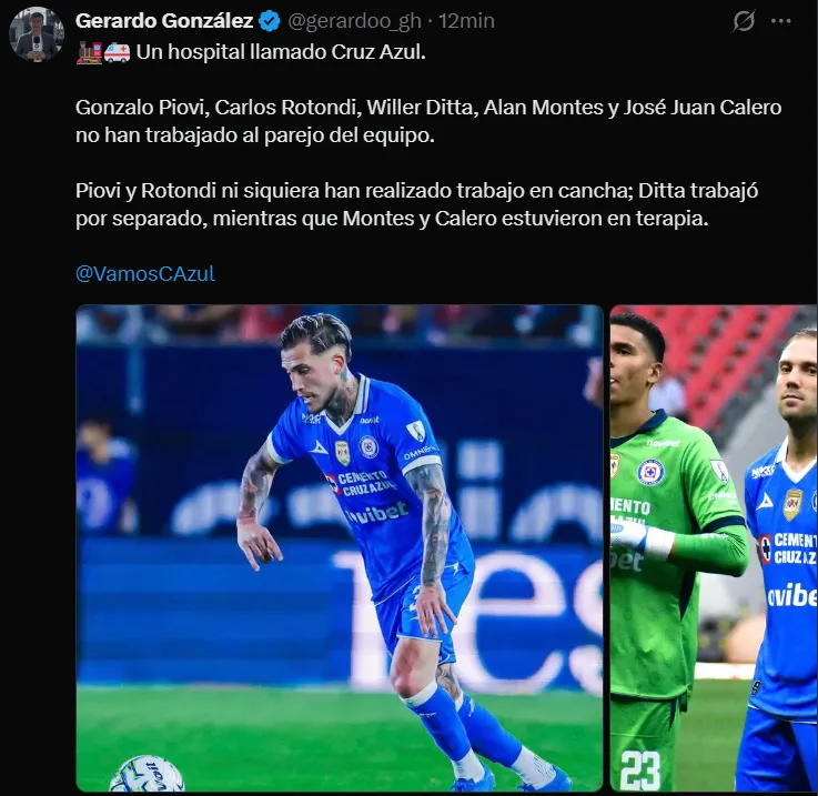 El reporte de Gerardo González sobre “la enfermería” de Cruz Azul. (X)