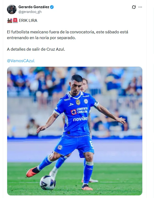 Erik Lira será baja para el juego ante Atlas. (Fuente: X @gerardoo_gh)