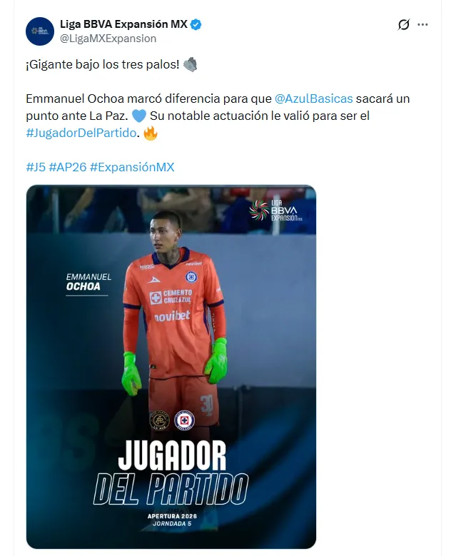 La Liga Expansión reconoció a Ochoa como Jugador del Partido (Fuente: Twitter)