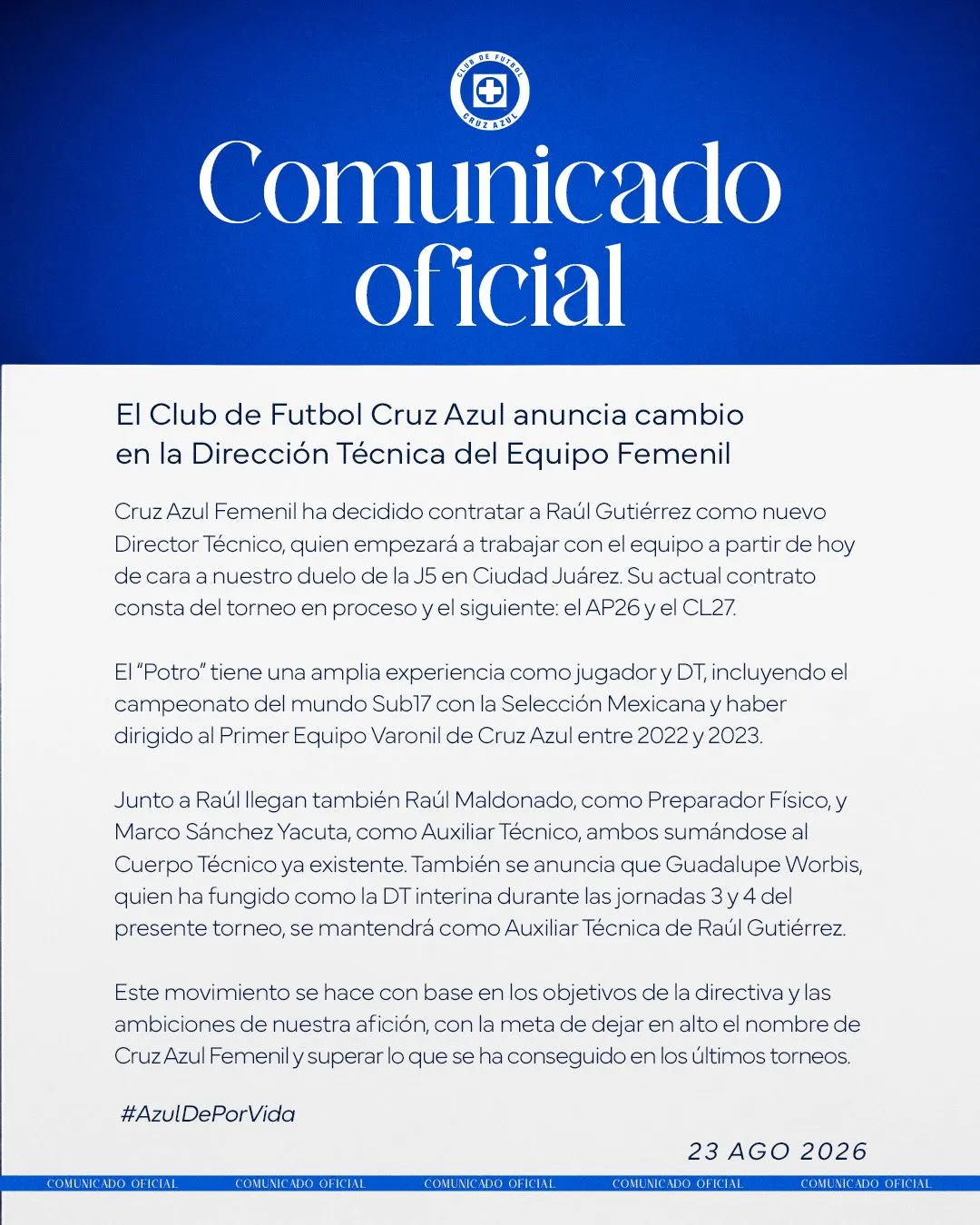 Anuncio de Cruz Azul Femenil sobre el Potro Gutiérrez.