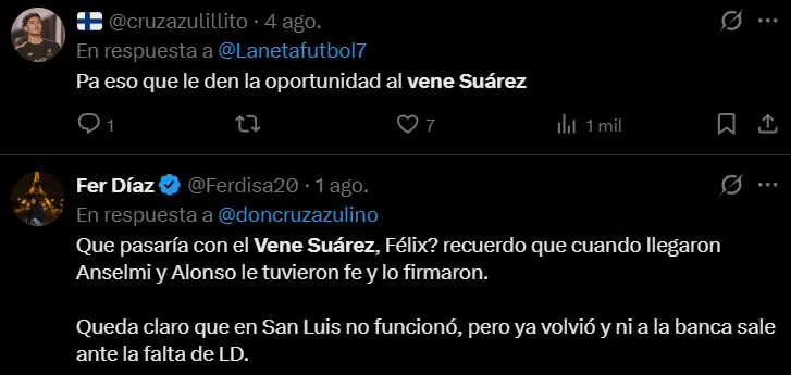 Afición pide por Javier Suárez. (X)