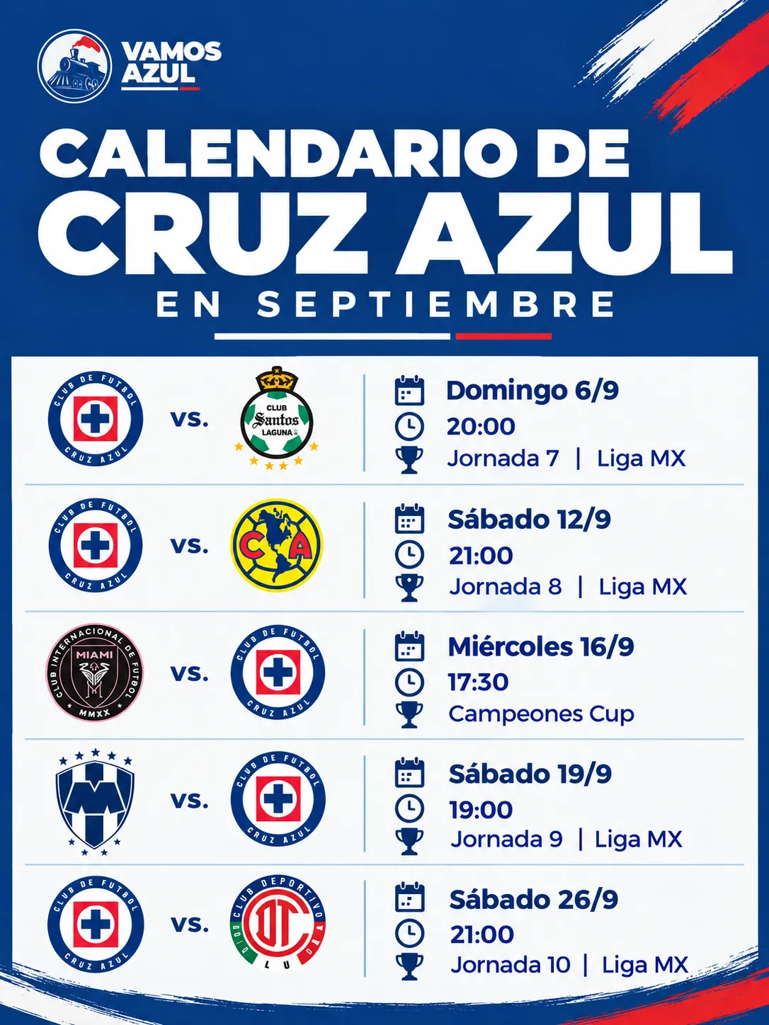 El calendario de Cruz Azul en septiembre. (Especial Vamos Azul junto a ChatGPT)