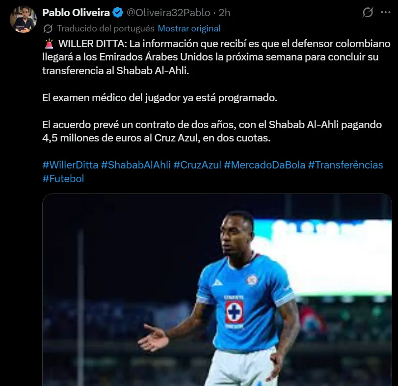 Desde Brasil colocan a Willer Ditta en Emiratos Árabes. (@Oliveira32Pablo)