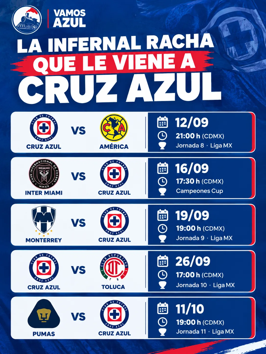 La seguidilla de Cruz Azul en los próximos partidos. (Especial Vamos Azul)