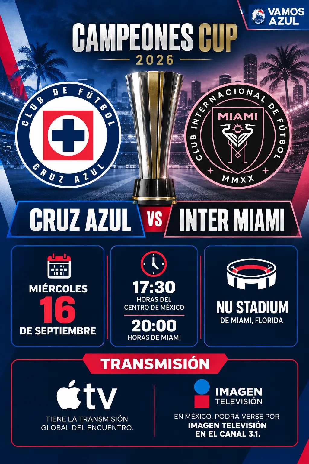 Los detalles para seguir el Campeones Cup 2026 entre Cruz Azul e Inter Miami. (Vamos Azul / ChatGPT)