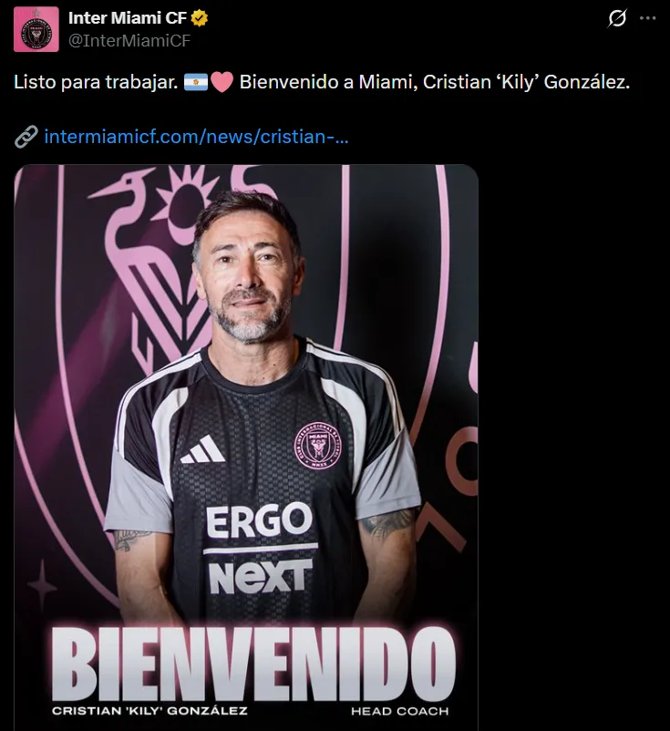 Kily González anunciado con Inter Miami, dirigirá contra Cruz Azul. (@InterMiamiCF)