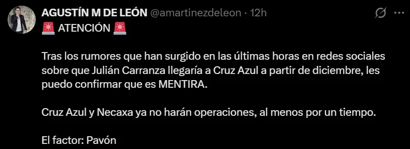 Desmienten que Julián Carranza vaya a llegar a Cruz Azul. (@amartinezdeleon)