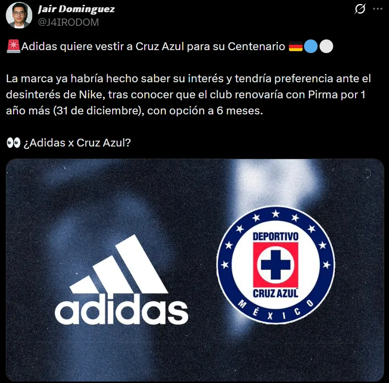 Adidas habría levantado la mano para vestir a Cruz Azul. (@J4IRODOM)