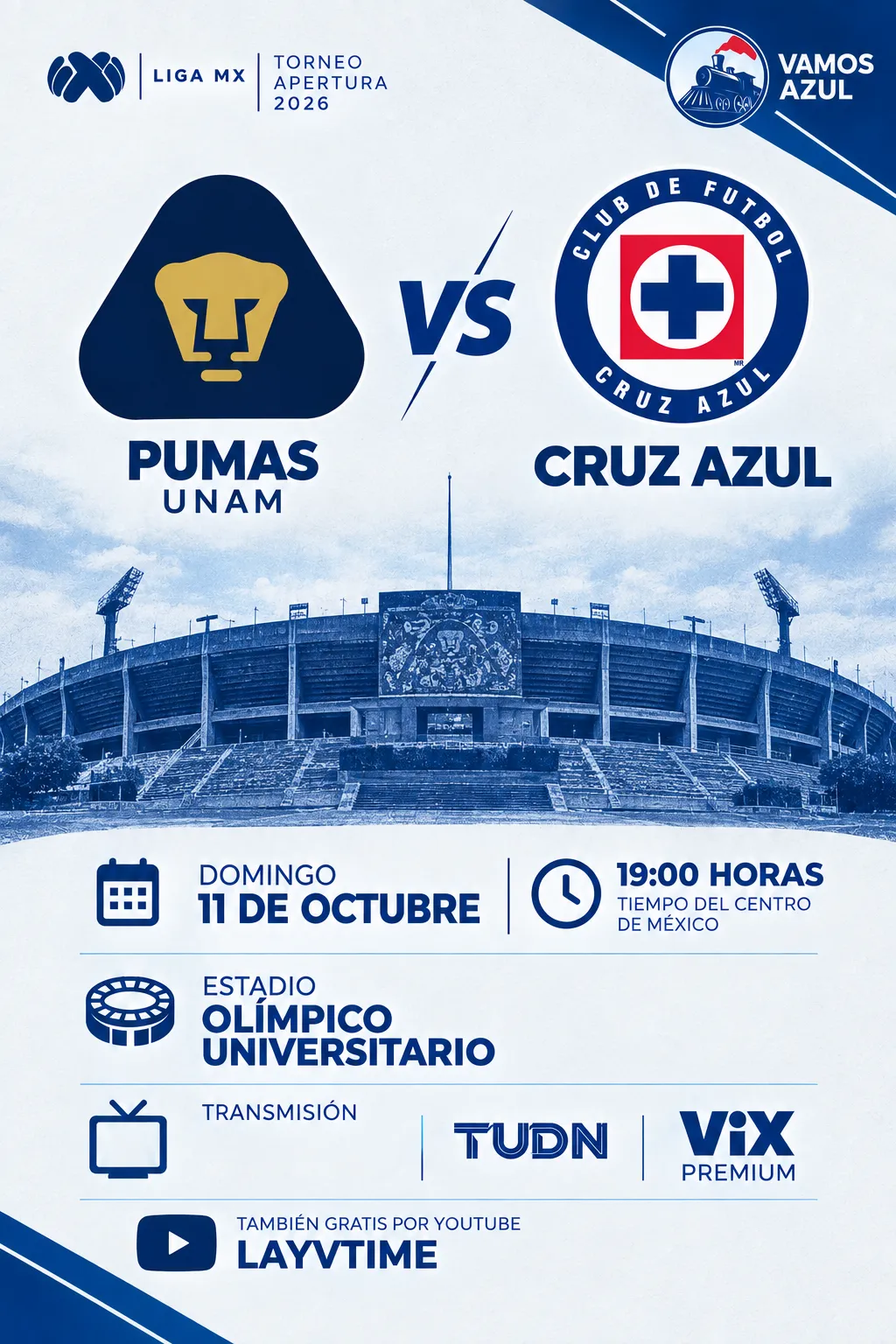Los detalles para seguir en vivo a Cruz Azul vs. Pumas por la Jornada 11 de Liga MX (Vamos Azul / ChatGPT)