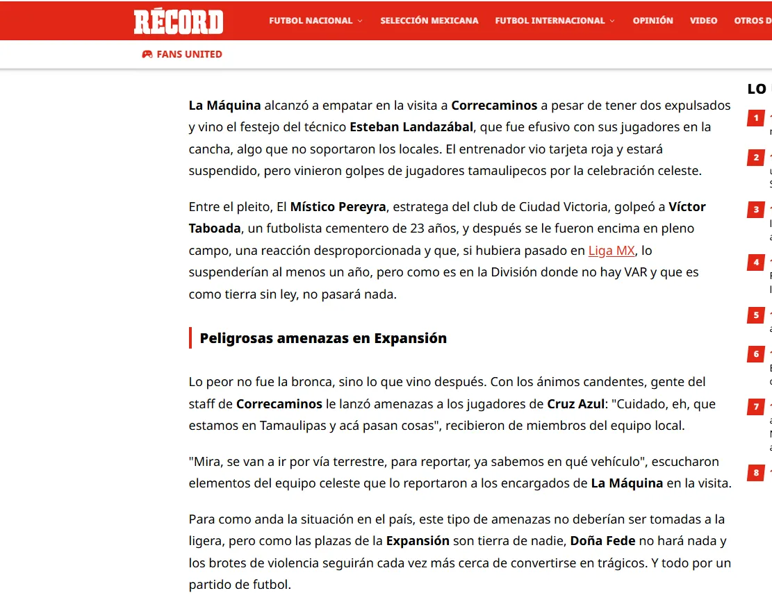 La columna de diario Récord destapó amenazas hacia Cruz Azul Hidalgo tras la bronca en Tamaulipas.