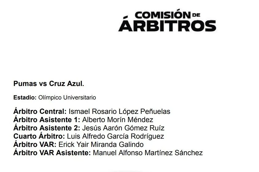 Designación arbitral para el Cruz Azul vs. Pumas. (@Arbitraje_MX)