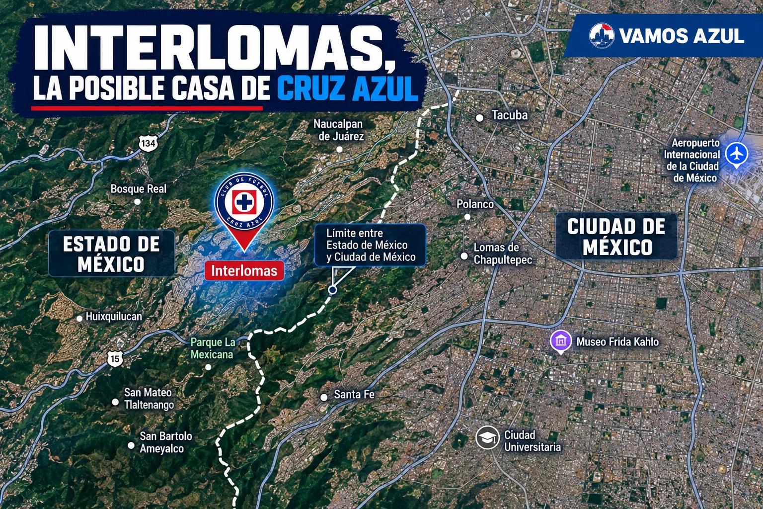 Cruz Azul estaría analizando Interlomas como la ubicación para su nuevo estadio propio. (Vamos Azul / ChatGPT)