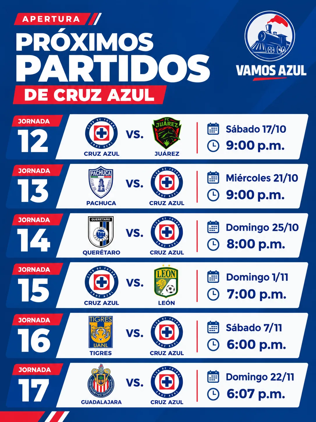 Lo que le queda a Cruz Azul en el calendario del Apertura 2026. (Especial Vamos Azul)