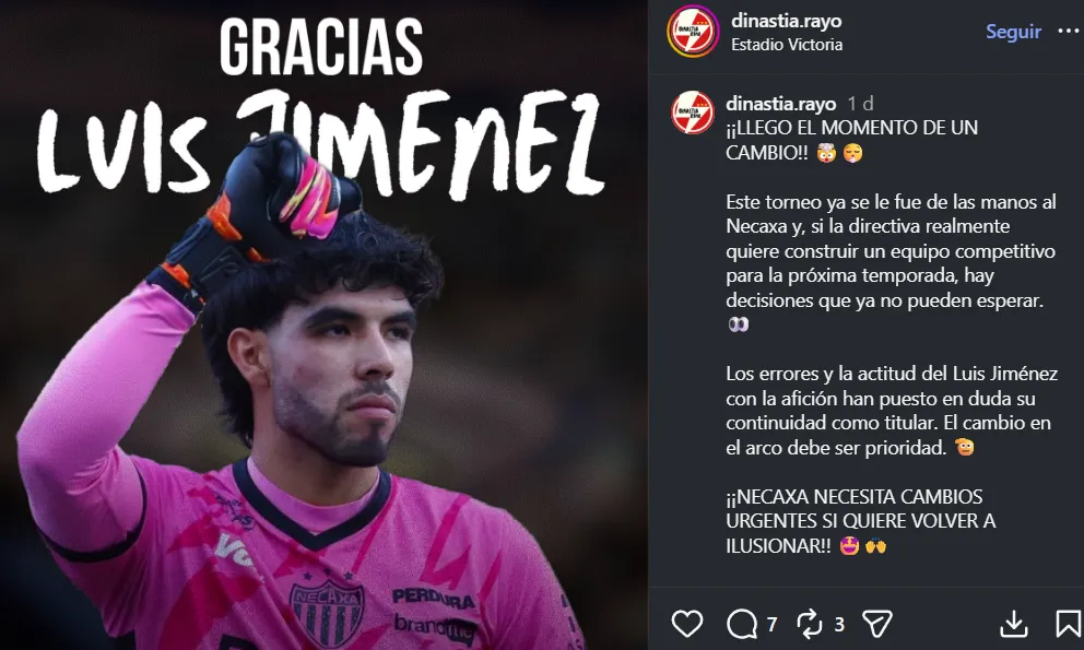 Cuenta aficionada de Necaxa arremete contra Jiménez. (IG)