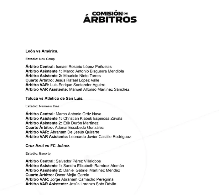 La designación de la FMF para el Cruz Azul vs. Juárez. (X: Comisión de Árbitros)