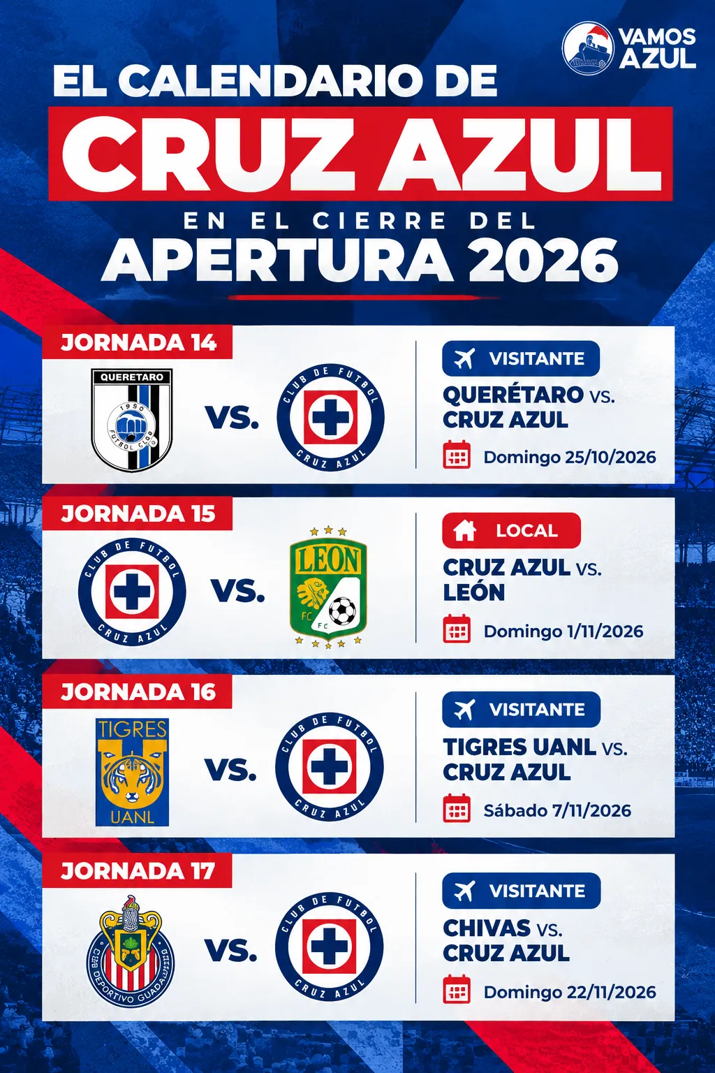 Cruz Azul disputará tres de sus últimos cuatro juegos del Apertura 2026 como visitante. (Vamos Azul / ChatGPT)