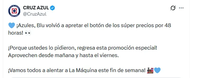 El posteo de Cruz Azul presentando el regreso de la Promo Blu (X @CruzAzul)