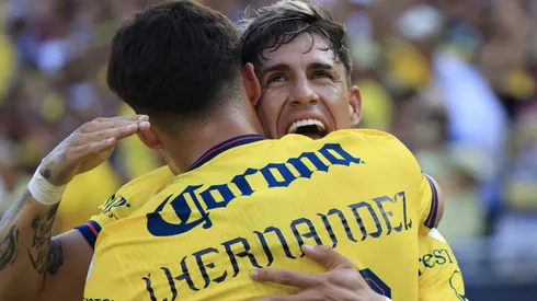 CHICAGO, ILLINOIS – AUGUST 03: Illian Hernandez #19 of Club América celebrates his goal with Cristian Calderon #18 of Club América against the Aston Villa during the second half in the pre-season friendly at Soldier Field on August 03, 2024 in Chicago, Illinois. (Photo by Justin Casterline/Getty Images)