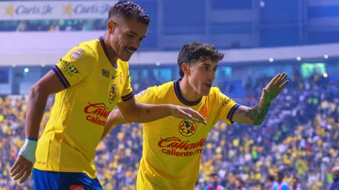 Alejandro Zendejas festeja su gol contra Monterrey en la final de ida del Apertura 2024.