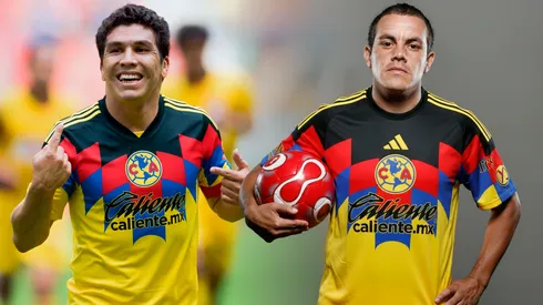 Salvador Cabañas y Cuauhtémoc Blanco, luciendo el nuevo jersey del Club América con Adidas.