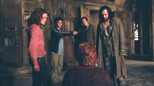 (L-r) EMMA WATSON as Hermione Granger, DANIEL RADCLIFFE as Harry Potter, DAVID THEWLIS as Professor Lupin (background), GARY OLDMAN as Sirius Black and RUPERT GRINT as Ron Weasley (back to camera) in Warner Bros. PicturesÕ fantasy ÒHarry Potter and the Prisoner of Azkaban.Ó Photo by Murray Close. PHOTOGRAPHS TO BE USED SOLELY FOR ADVERTISING, PROMOTION, PUBLICITY OR REVIEWS OF THIS SPECIFIC MOTION PICTURE AND TO REMAIN THE PROPERTY OF THE STUDIO. NOT FOR SALE OR REDISTRIBUTION.