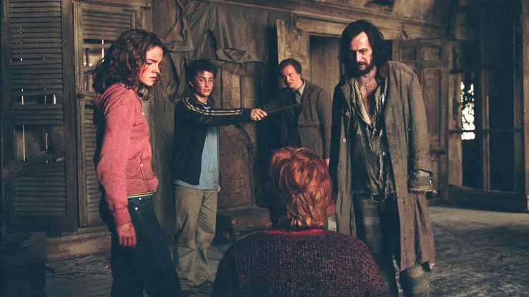 (L-r) EMMA WATSON as Hermione Granger, DANIEL RADCLIFFE as Harry Potter, DAVID THEWLIS as Professor Lupin (background), GARY OLDMAN as Sirius Black and RUPERT GRINT as Ron Weasley (back to camera) in Warner Bros. PicturesÕ fantasy ÒHarry Potter and the Prisoner of Azkaban.Ó Photo by Murray Close. PHOTOGRAPHS TO BE USED SOLELY FOR ADVERTISING, PROMOTION, PUBLICITY OR REVIEWS OF THIS SPECIFIC MOTION PICTURE AND TO REMAIN THE PROPERTY OF THE STUDIO. NOT FOR SALE OR REDISTRIBUTION.