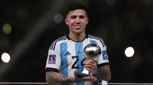 LUSAIL CITY, QATAR - DECEMBER 18: Enzo Fernandez of Argentina poses for a photo with the FIFA Young Player award during the FIFA World Cup Qatar 2022 Final match between Argentina and France at Lusail Stadium on December 18, 2022 in Lusail City, Qatar. (Photo by Julian Finney/Getty Images)