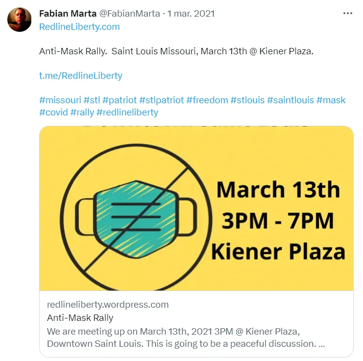 El rally en contra de los cubrebocas que promovía Fabian Marta en su cuenta de Twitter. Imagen: Twitter de Fabian Marta.