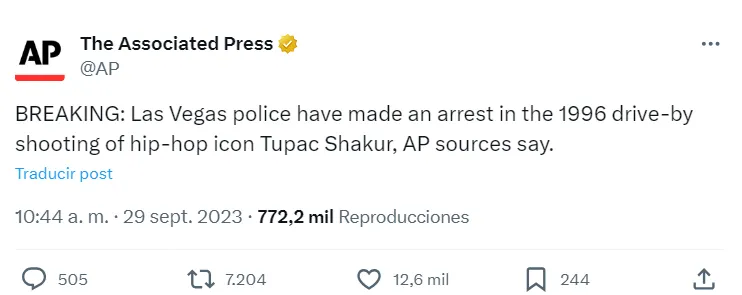 Este fue el tuit con el que The Associated Press reveló el arresto. Imagen: X.