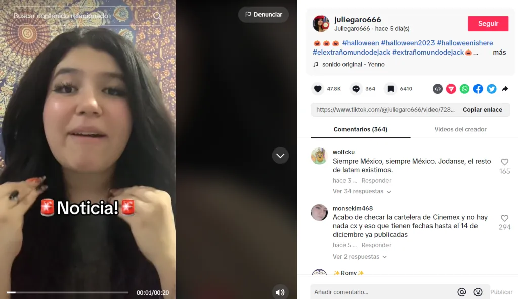 La cuenta de @juliegaro666 fue de las primeras en TikTok en adelantar el rumor de que la película regresaría a los cines, lo cual fue confirmado semanas después de su video. Imagen: TikTok.